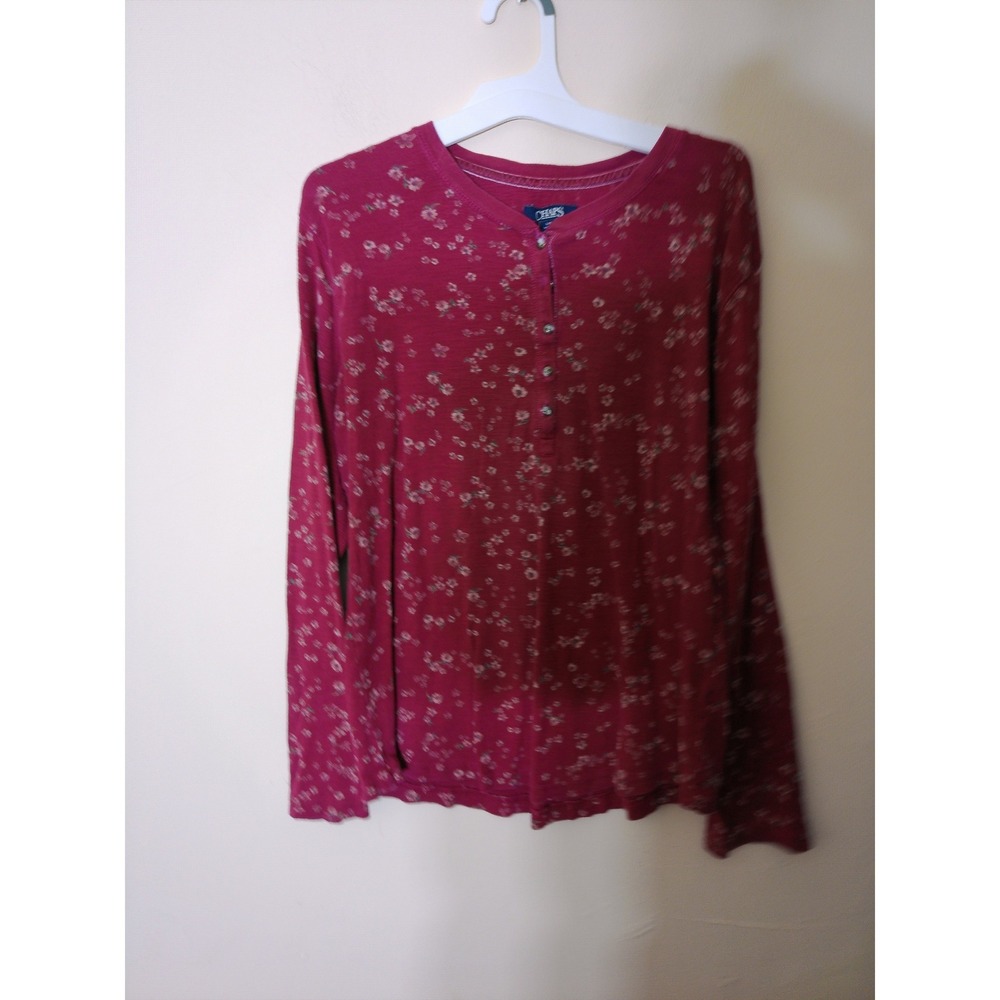 Chaps Henley Top Womens L Burgundy Red Floral Long Sleeve Cottagecore Casual